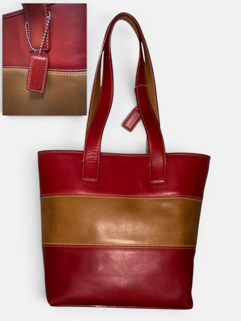 VTG Coach Legacy Rugby Stripe Colorblock Tote 9348 Red Tan Leather 90s + Hangtag - Picture 3 of 8